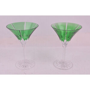 Ajka Crystal Martini Glasses Set 2 Castille Albinka Green Hungary 7" Flaw